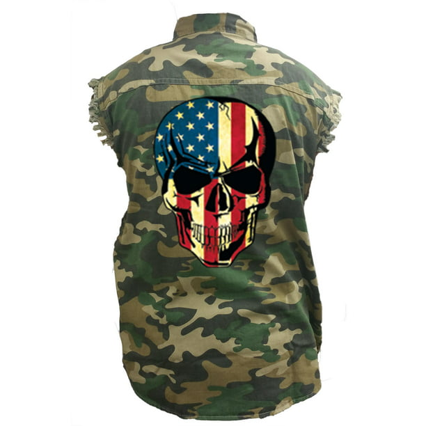 SHORE TRENDZ Mens Camo Sleeveless Denim Shirt Terminator Skull Blue Denim Vest 